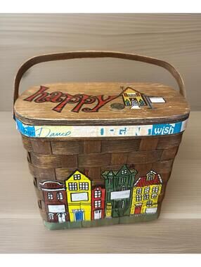 Caro Nan Happy Hand Painted Basket Purse Village Houses Penny Signed Folk Art